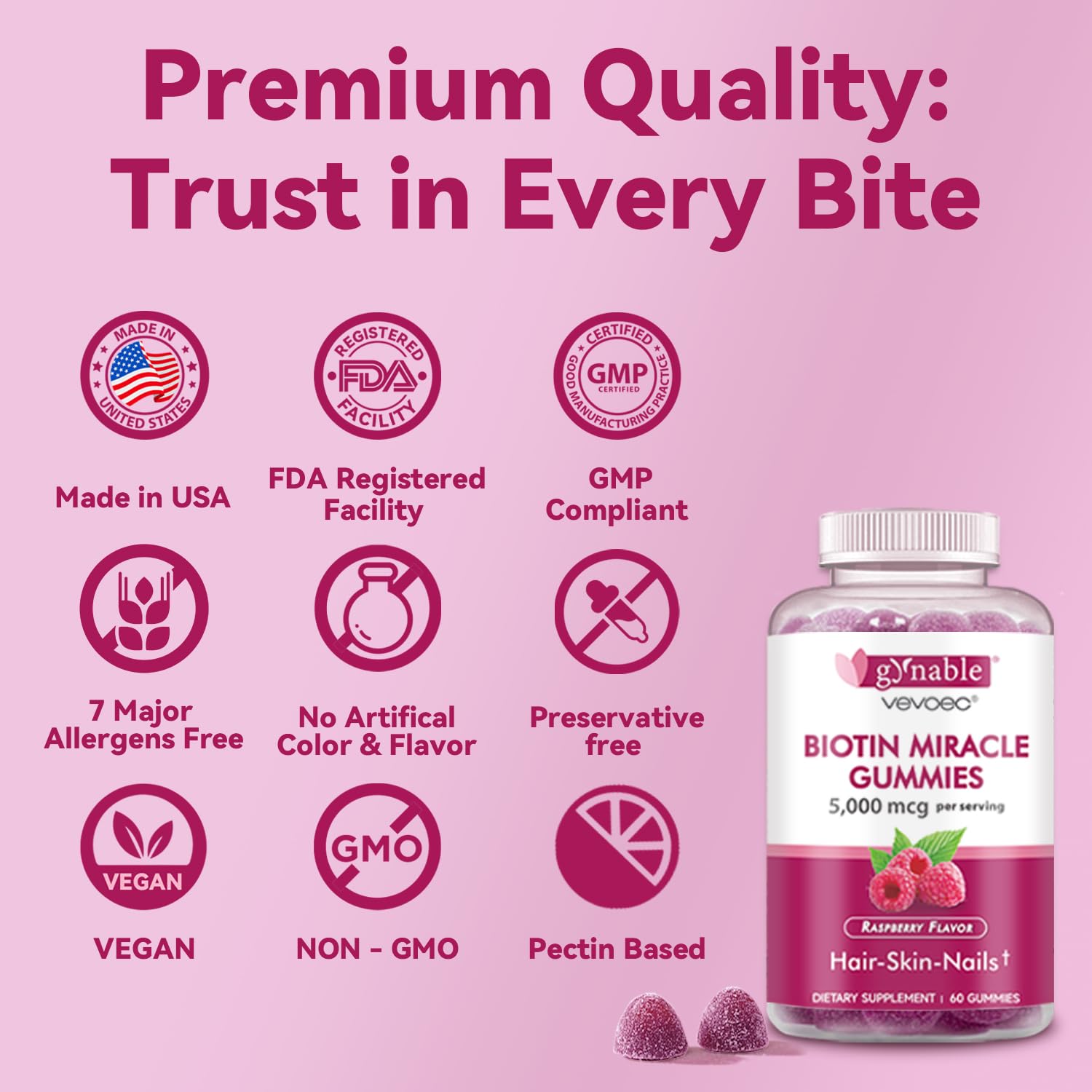 Vevoec Gynable Biotin Gummies packaging highlights vegetarian, allergen-friendly formula.