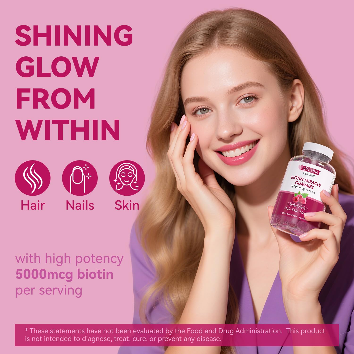 Vevoec Gynable Biotin Gummies pour shows natural raspberry flavor for a daily routine.