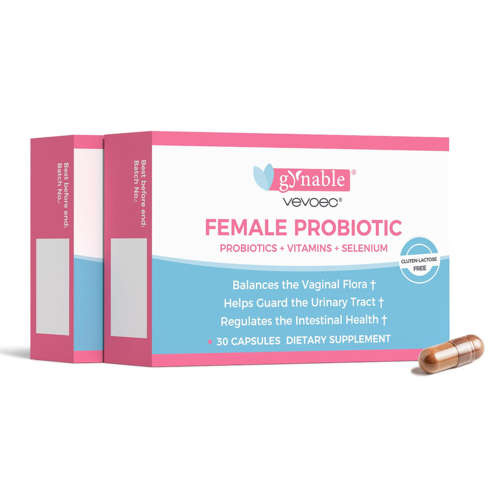 Vevoec Gynable bottle front highlights daily probiotic balance for vaginal health.