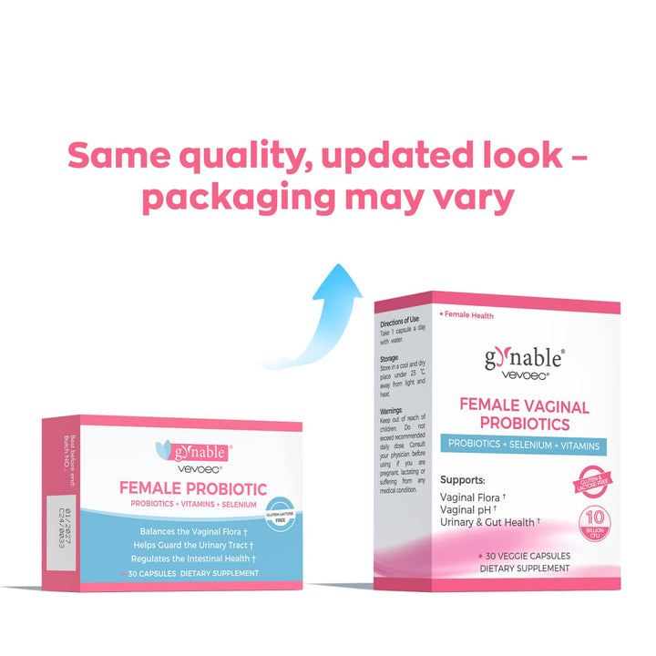Vevoec Gynable capsules close-up showing 5B CFU strength for flora support.