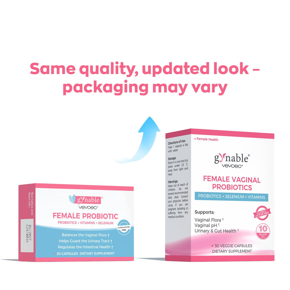 Vevoec Gynable capsules close-up showing 5B CFU strength for flora support.