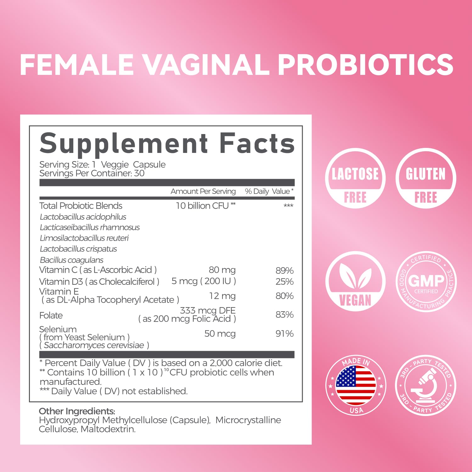 Vevoec Gynable ingredients panel highlights vitamins and mineral support.