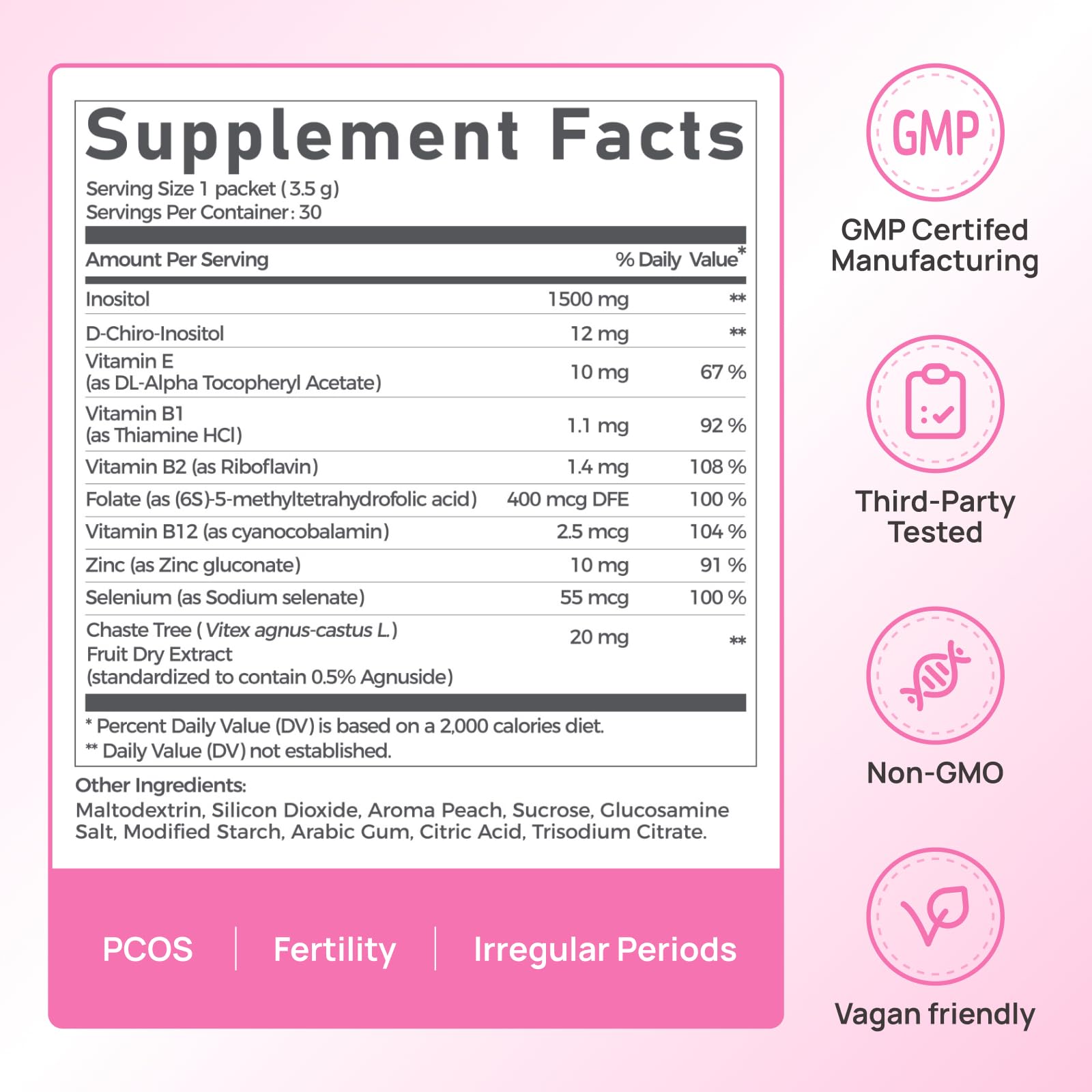 Vevoec Gynable Pregina vegan non-GMO seal on packaging