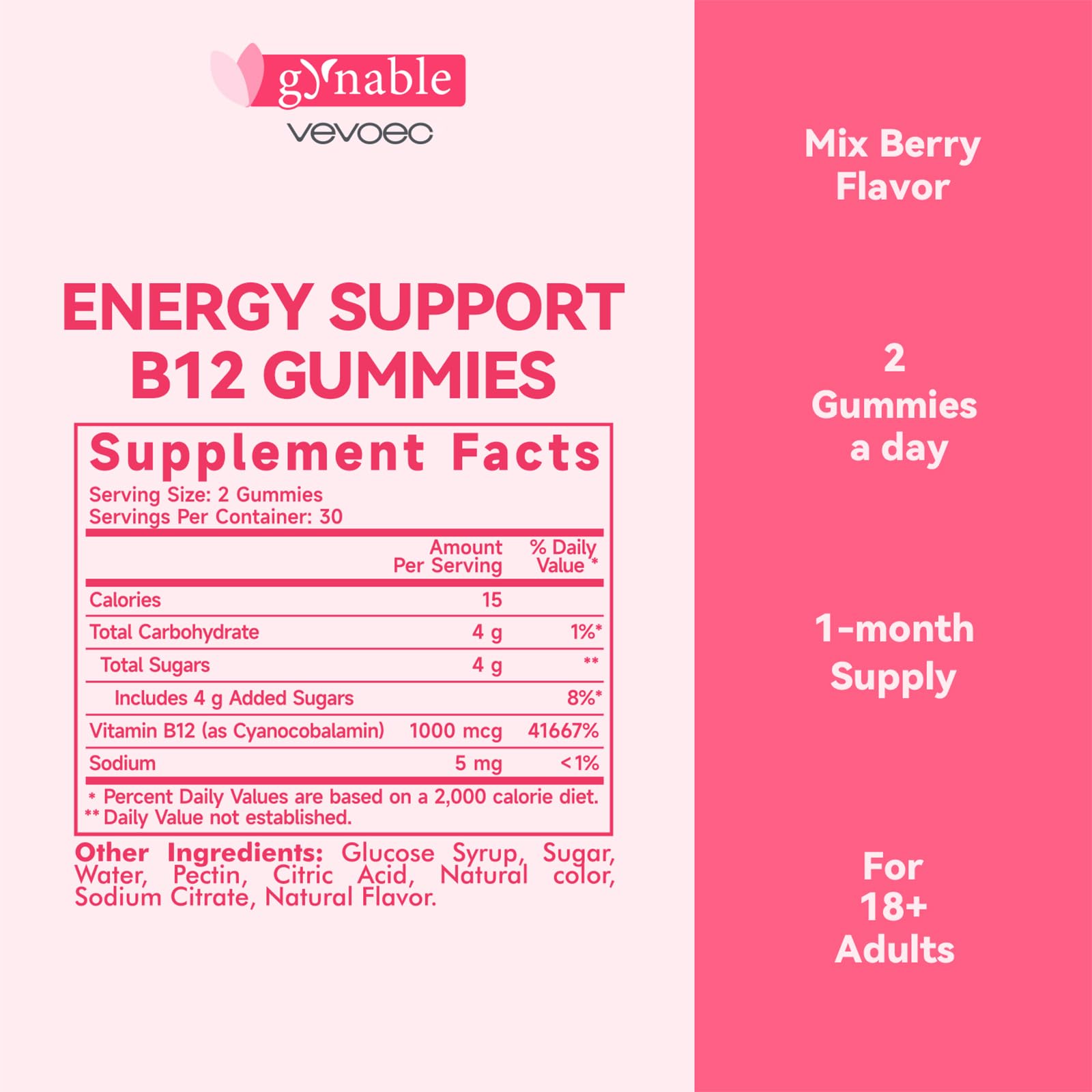 Vevoec Vitamin B12 Gummies close-up berry-fudge gummies for daily energy.