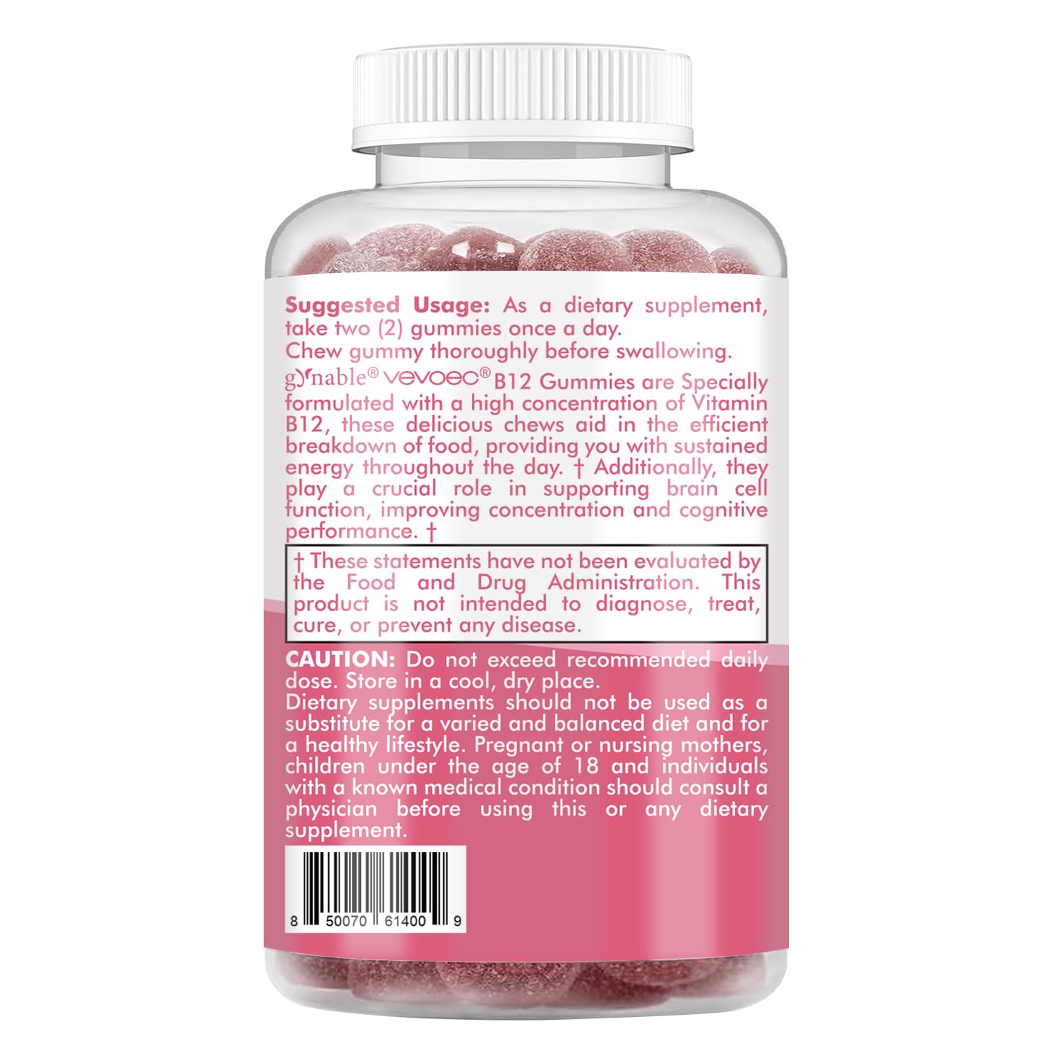 Vevoec Vitamin B12 Gummies packaging with serving on a spoon for routine.