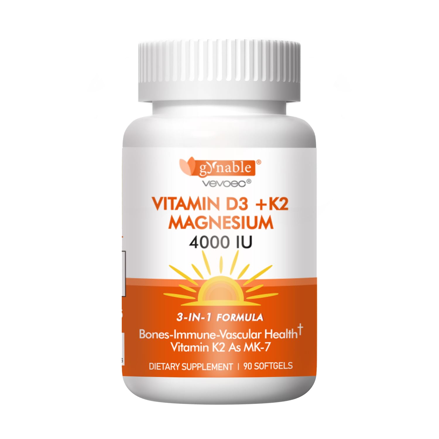 Vevoec Vitamin D3 K2 bottle front promoting bone support and immune balance.