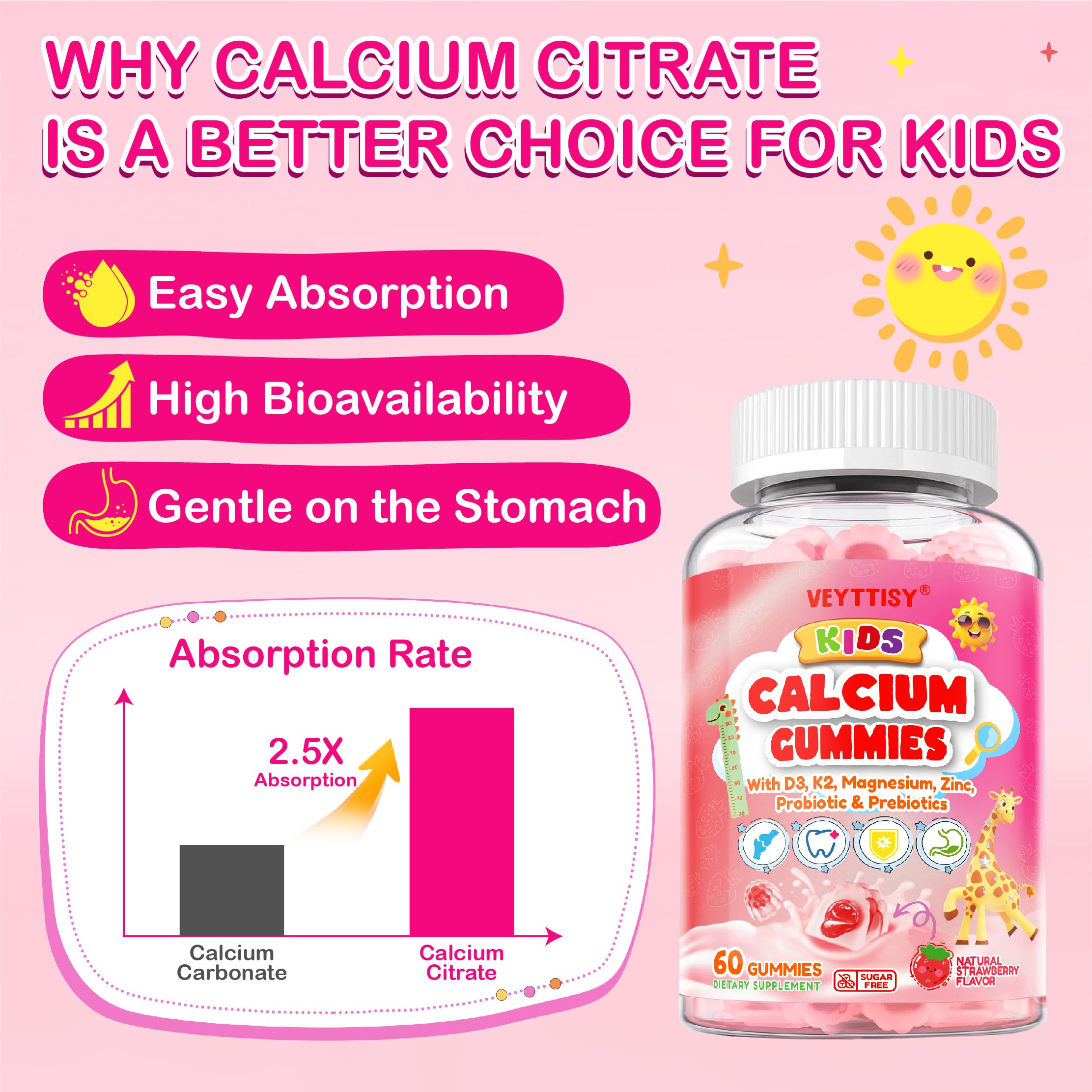 Veyttisy Kids Calcium Gummies closeup reveals strawberry flavor and soft texture