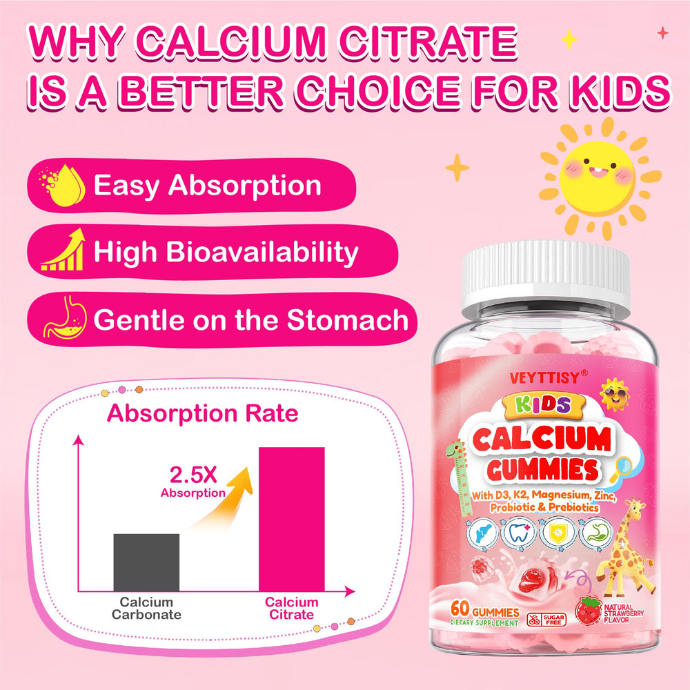 Veyttisy Kids Calcium Gummies closeup reveals strawberry flavor and soft texture
