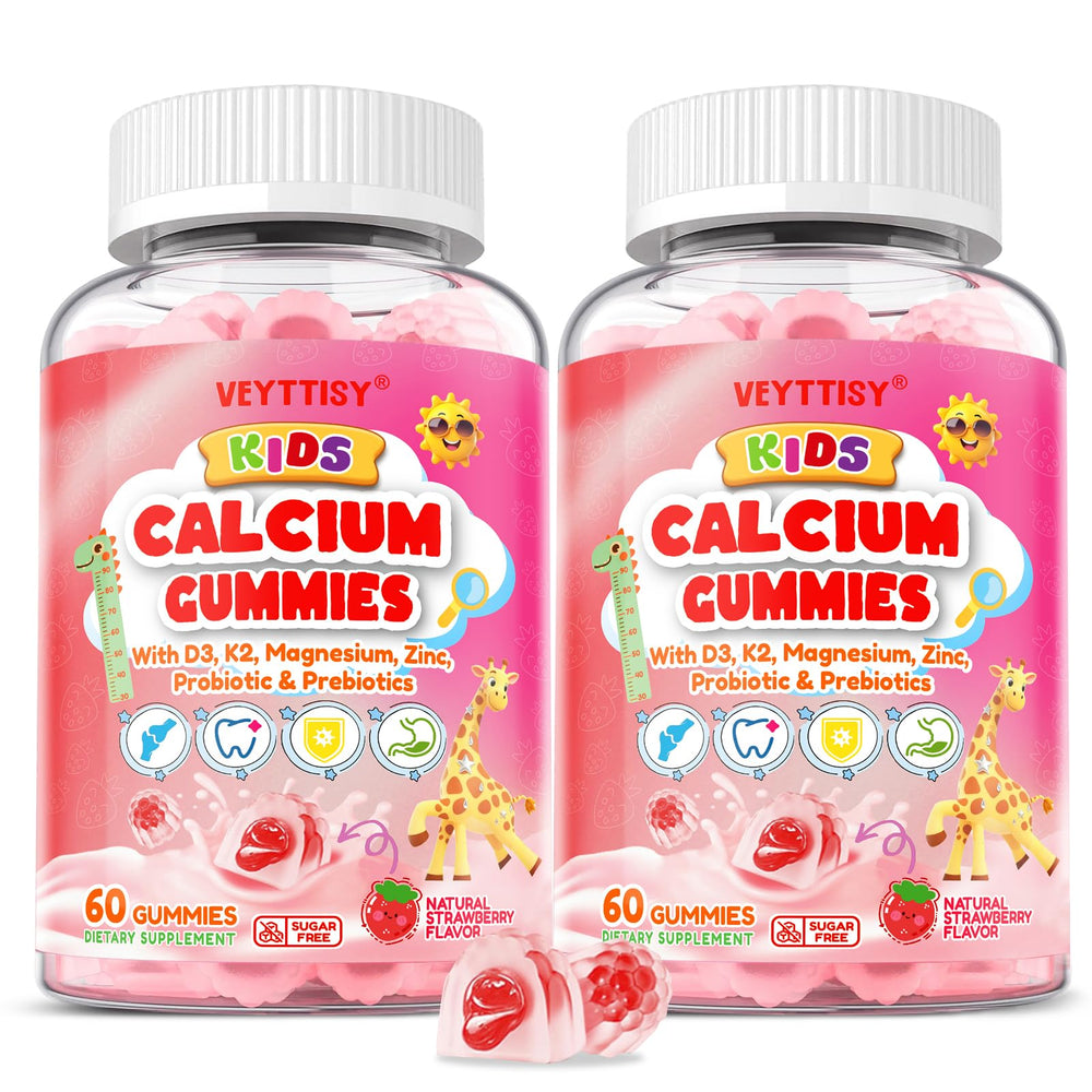 Veyttisy Kids Calcium Gummies bottle shows bone-supportive nutrients for growing children