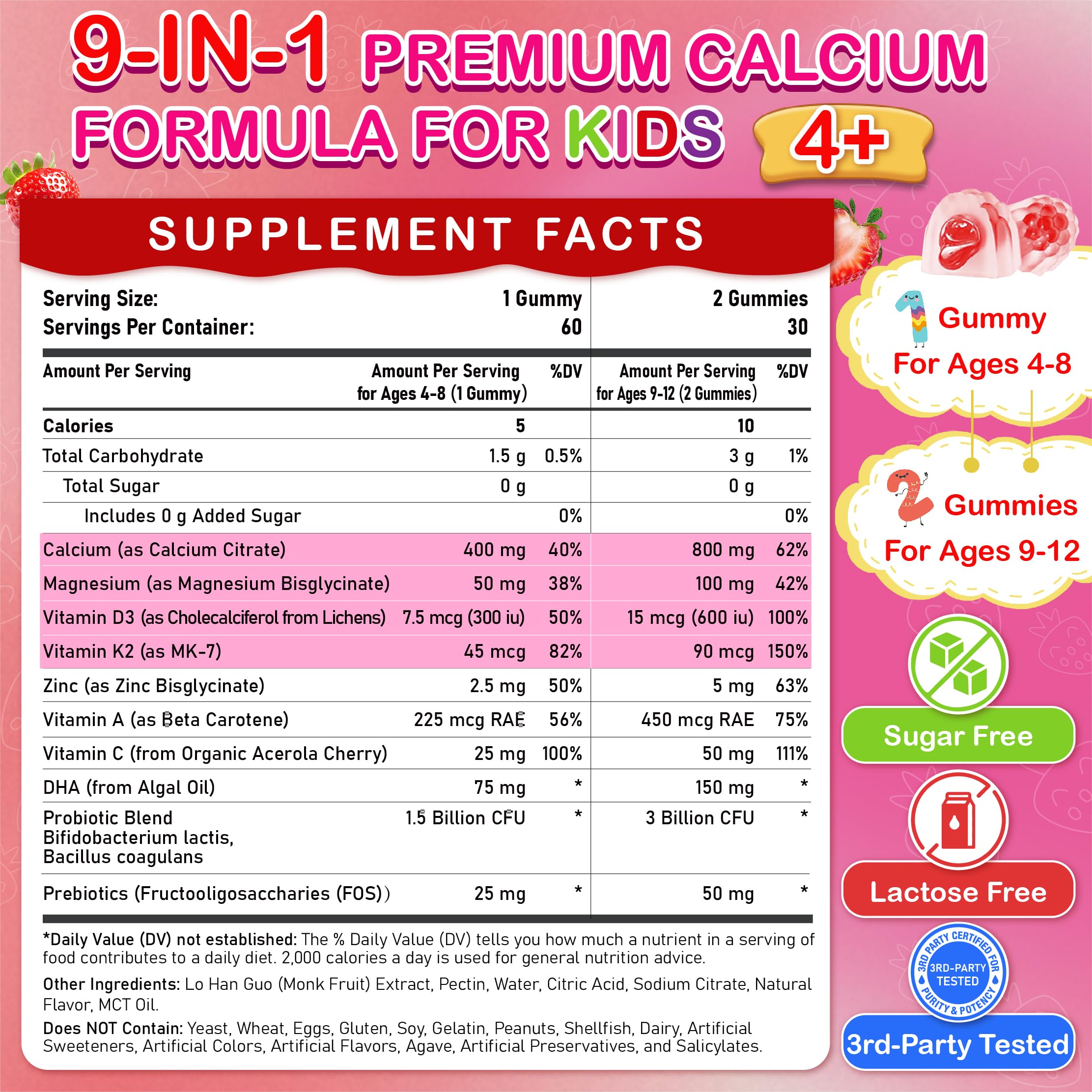 Veyttisy Kids Calcium Gummies label highlights D3, K2, and probiotics