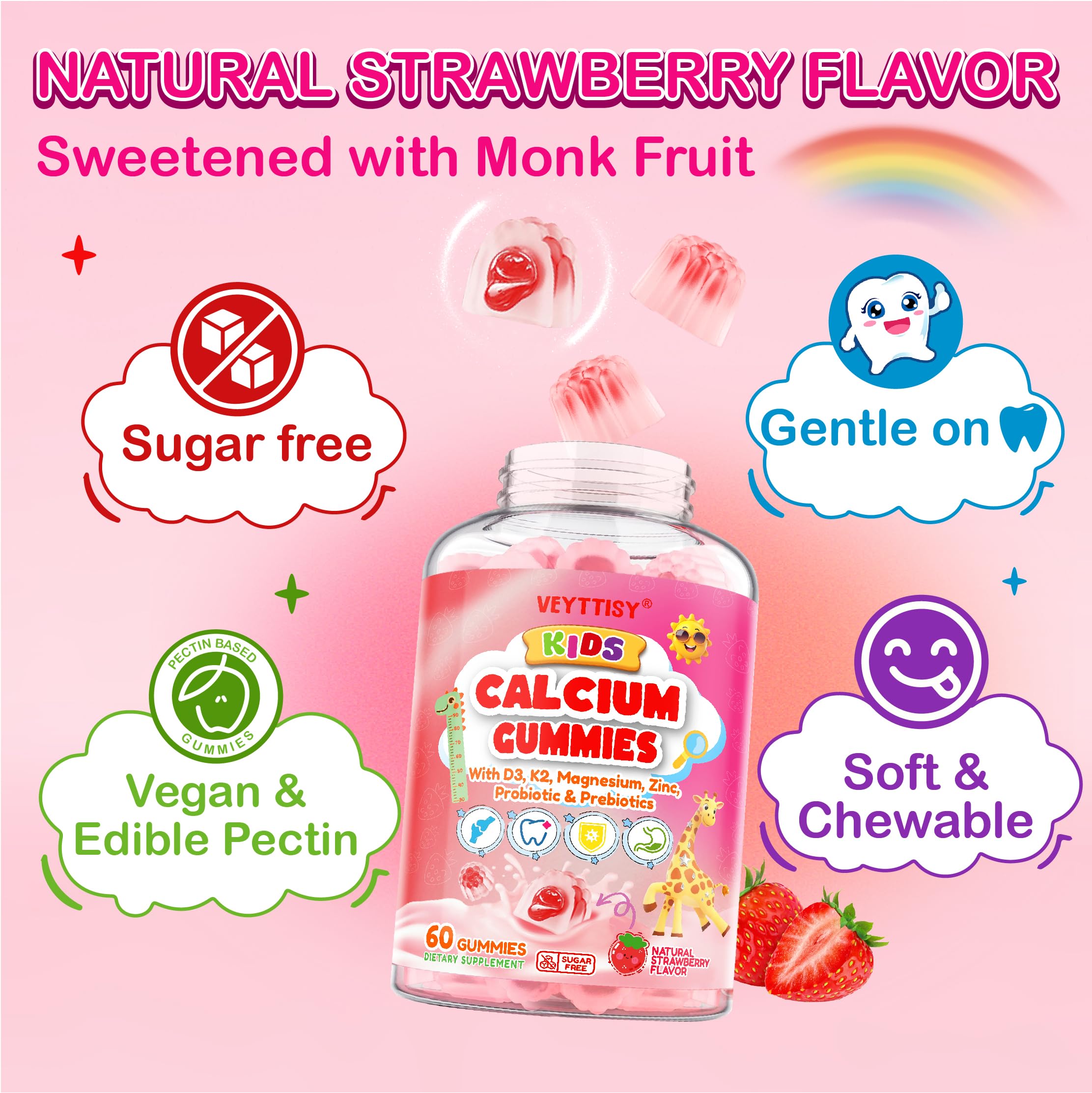 Veyttisy Kids Calcium Gummies natural sugar-free format with monk fruit sweetness