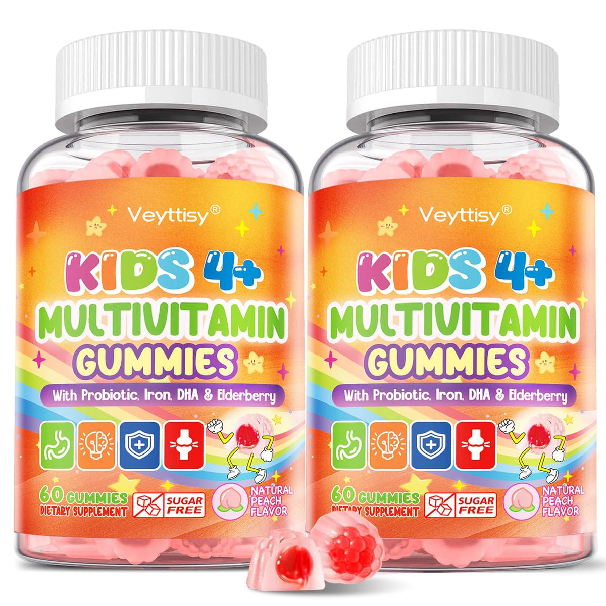 Veyttisy sugar-free kids multivitamin gummies peach bottle for daily nutrition support