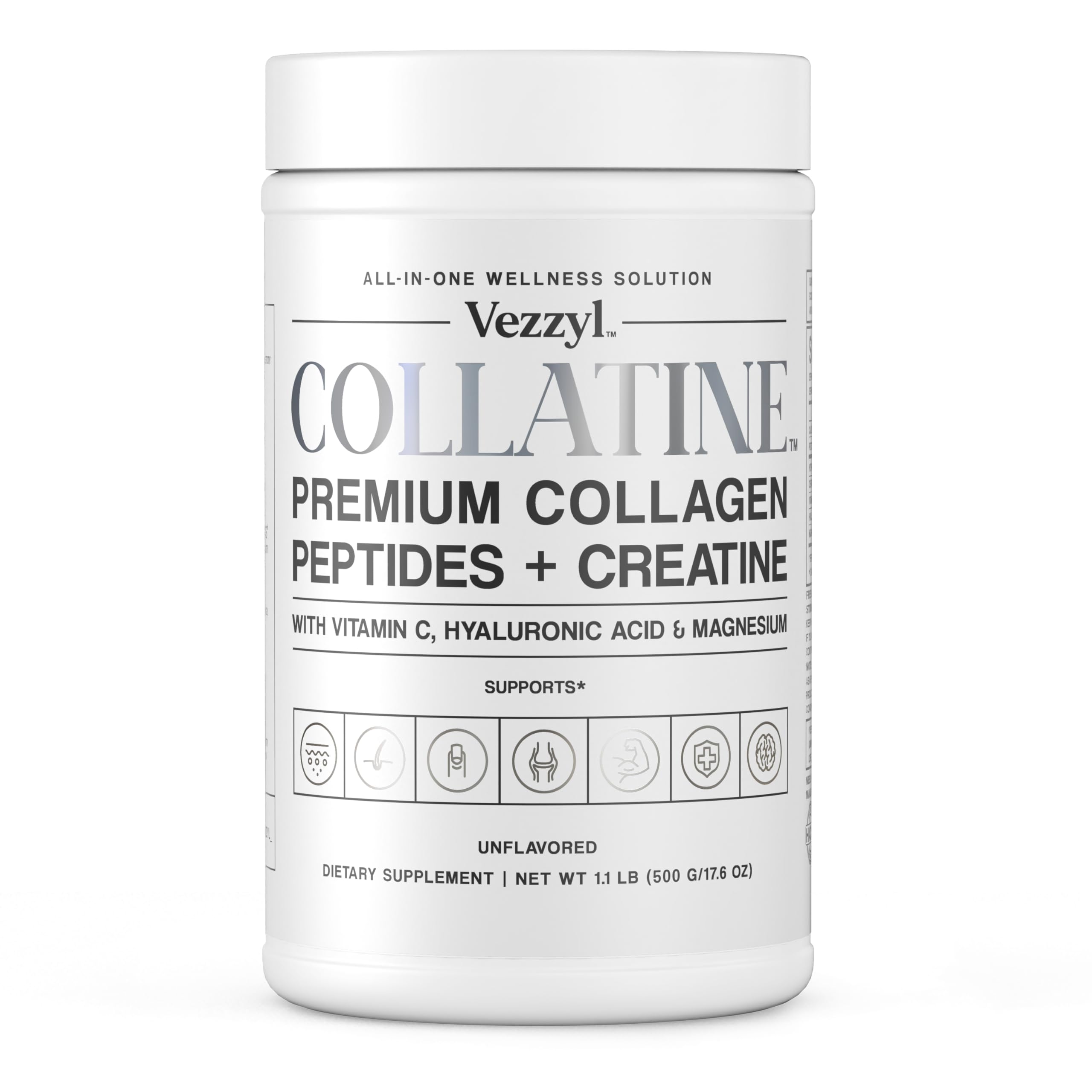 Vezzyl Collatine bottle front view highlighting premium collagen peptides for skin and joint support.