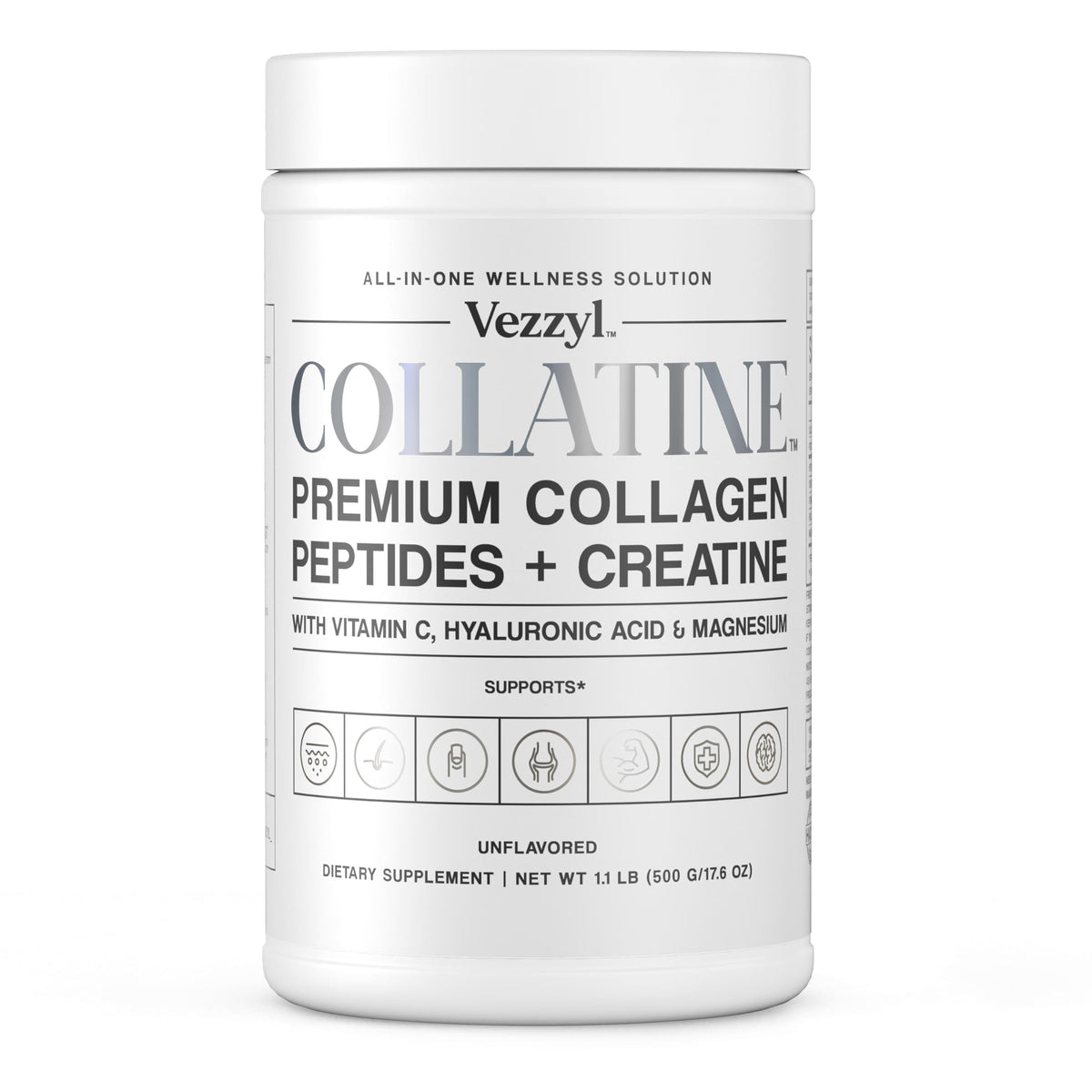 Vezzyl Collatine bottle front view highlighting premium collagen peptides for skin and joint support.