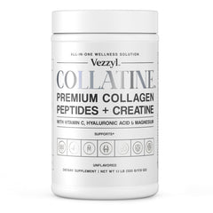 Vezzyl Collatine bottle front view highlighting premium collagen peptides for skin and joint support.