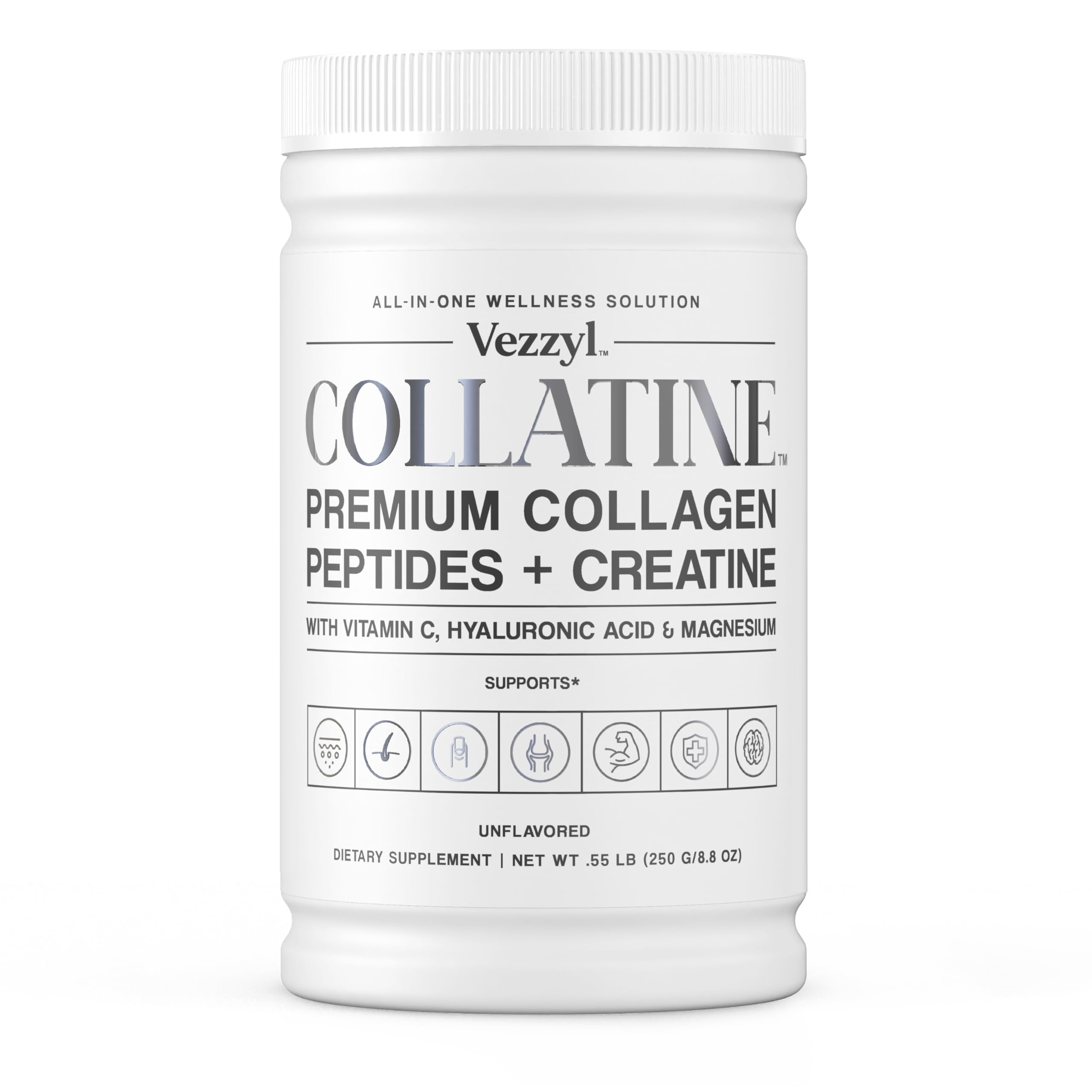 Vezzyl Collatine bottle with scoop ready for daily collagen and energy support.