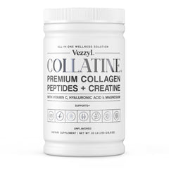 Vezzyl Collatine bottle with scoop ready for daily collagen and energy support.