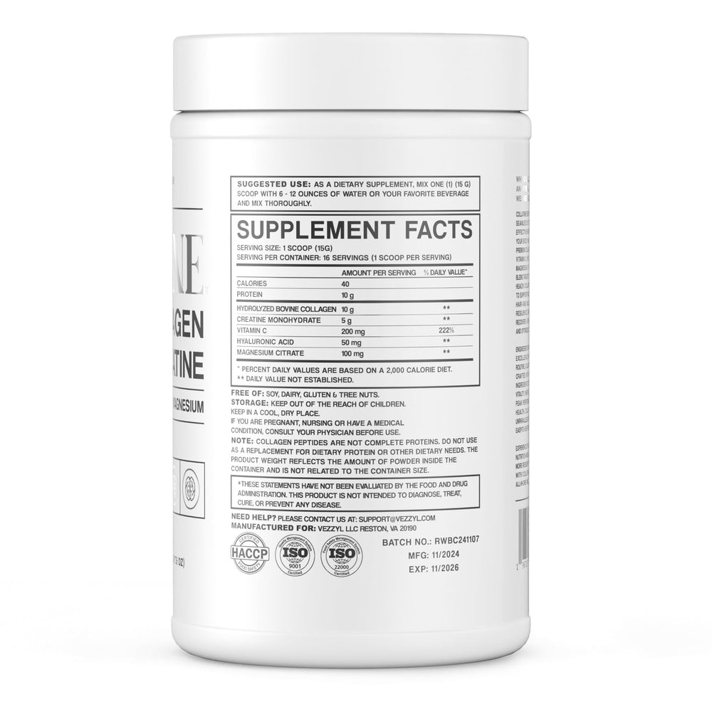 Vezzyl Collatine ingredients label featuring collagen, creatine, vitamin C, hyaluronic acid, and magnesium.