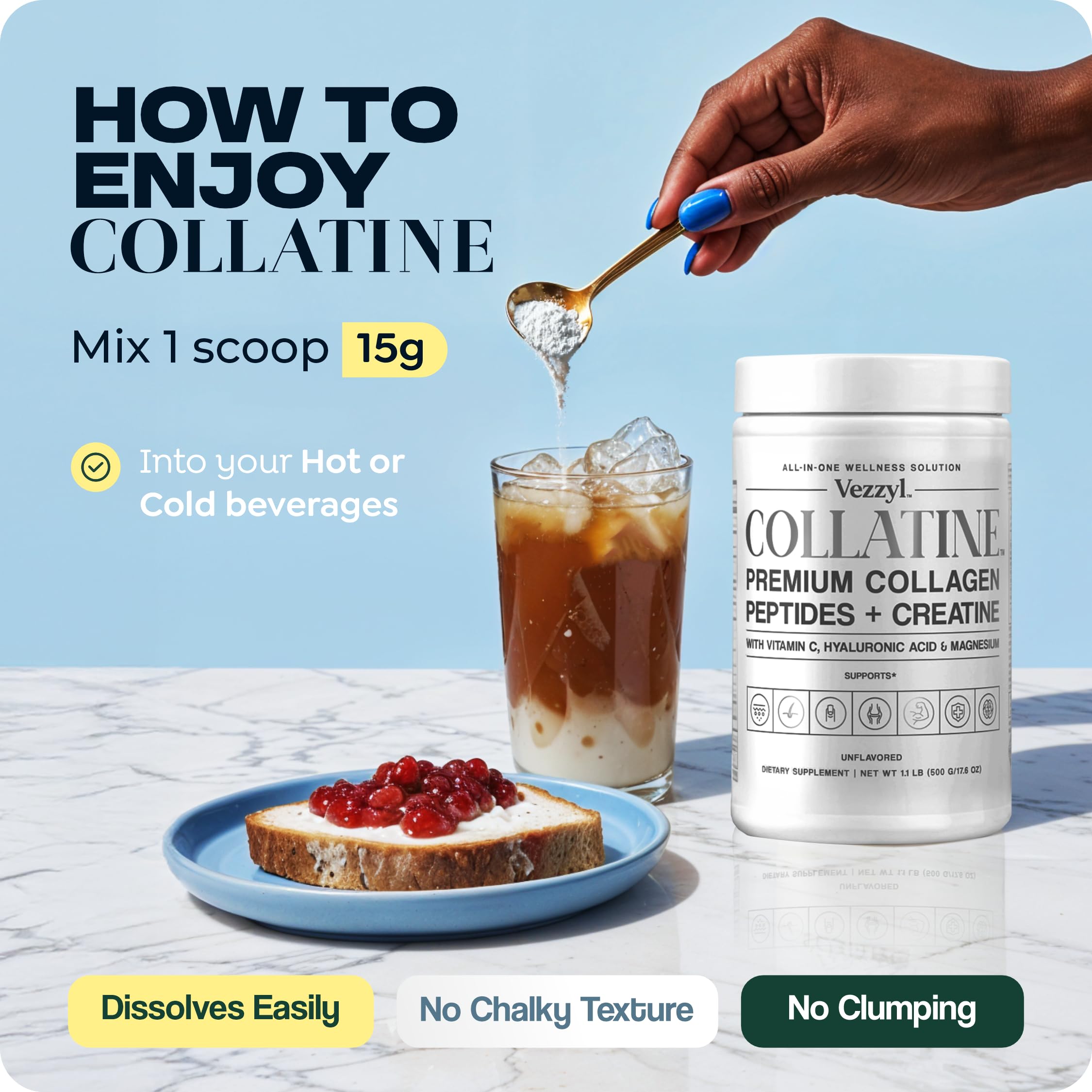 Vezzyl Collatine on a kitchen counter beside a glass of water for daily use.