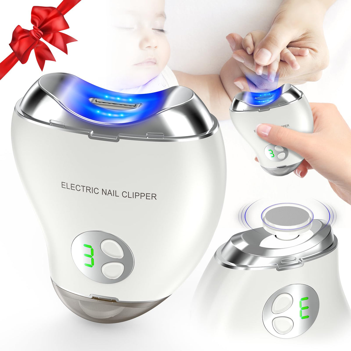 VGVR Electric Nail Clipper front view, compact cordless design for easy travel
