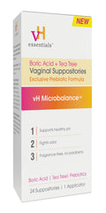 vH essentials boric acid tea tree suppositories packshot promoting pH balance and freshness