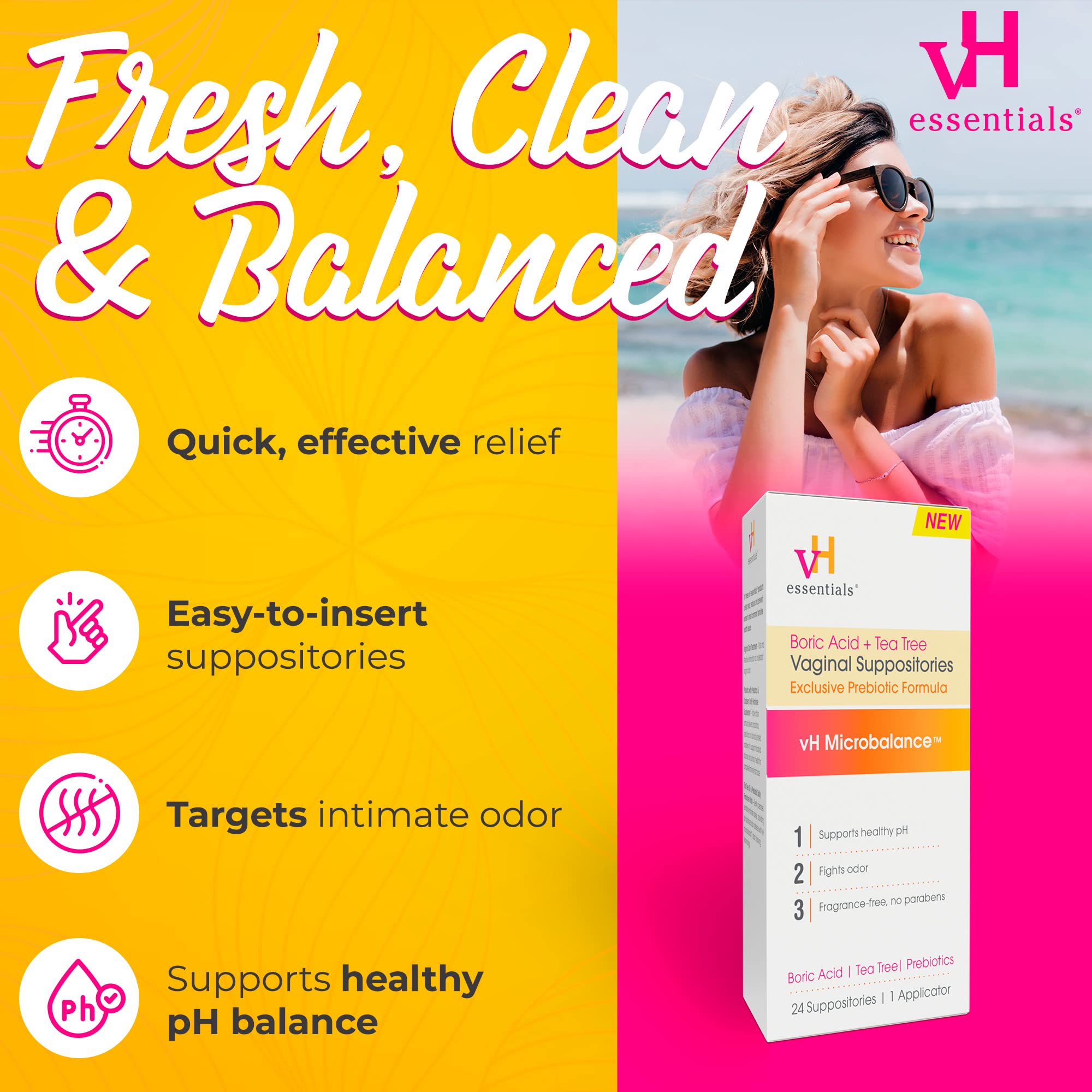vH essentials natural ingredients label featuring boric acid and tea tree oil