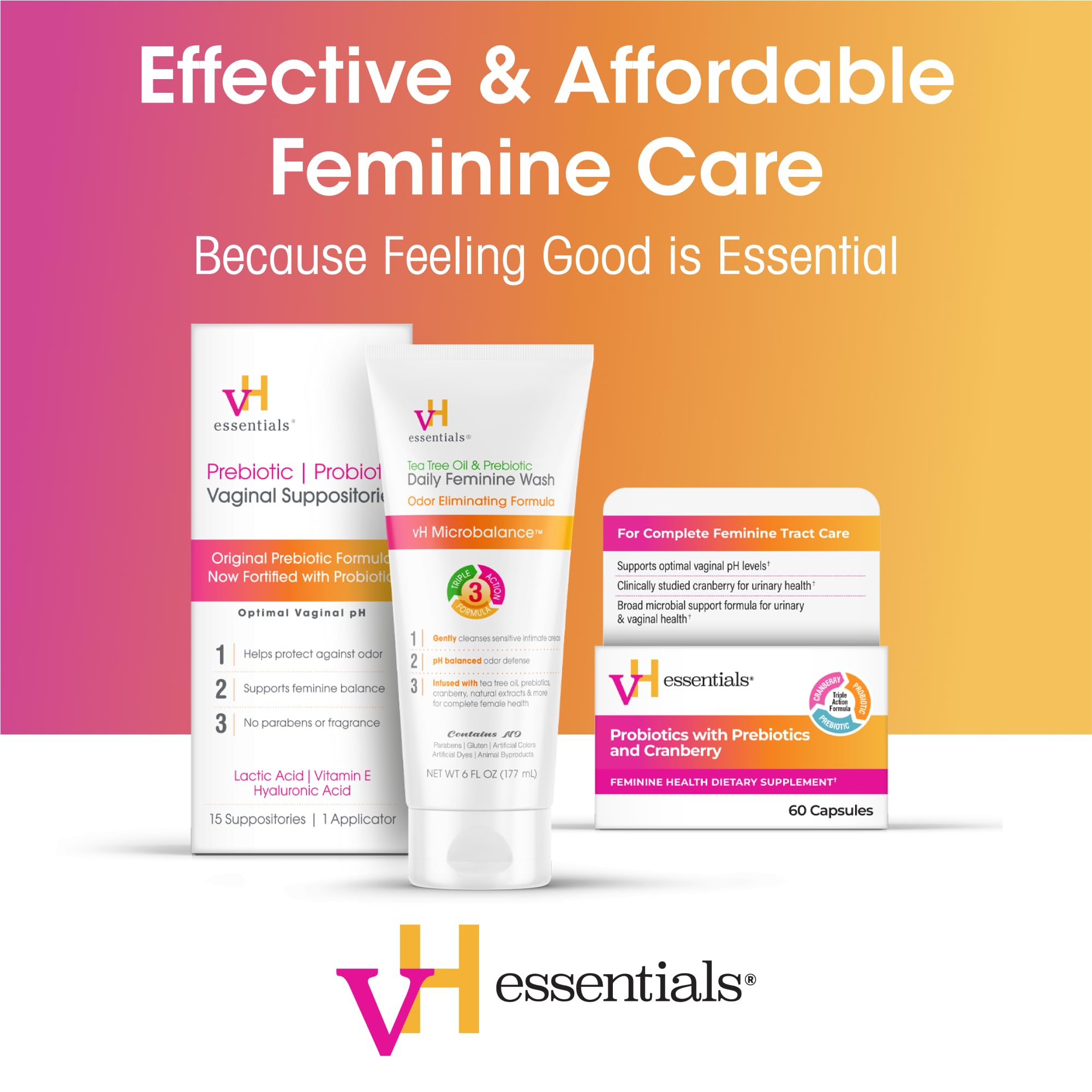 vH essentials prebiotics and lactic acid detail emphasizing flora support