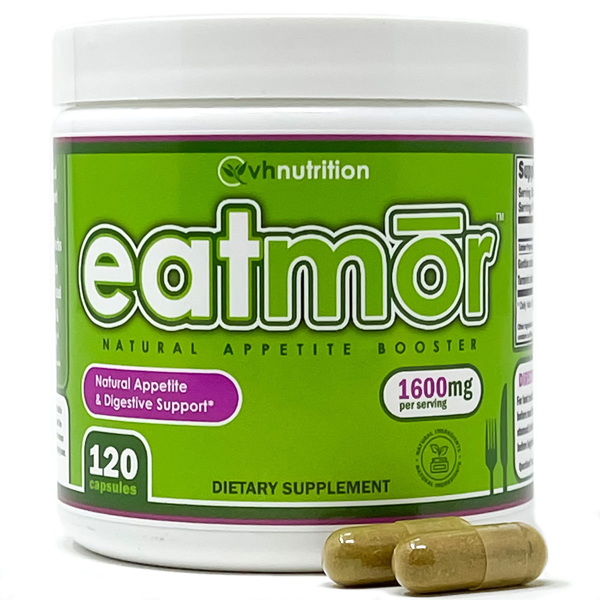 VH Nutrition Eatmor bottle cap and easy-to-swallow capsules for daily appetite support.