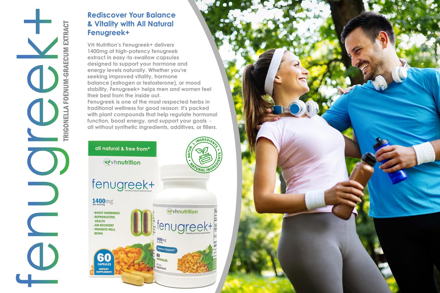 VH Nutrition Fenugreek+ capsules closeup highlights easy-to-swallow form for daily use.