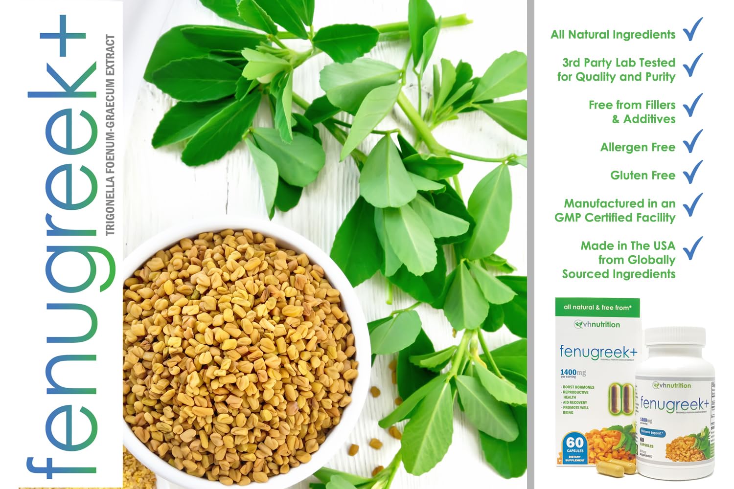 VH Nutrition Fenugreek+ label detail showcases natural ingredients and gluten-free promise.