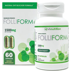 VH Nutrition Folliform bottle front highlights premium DHT blocker for hair support.