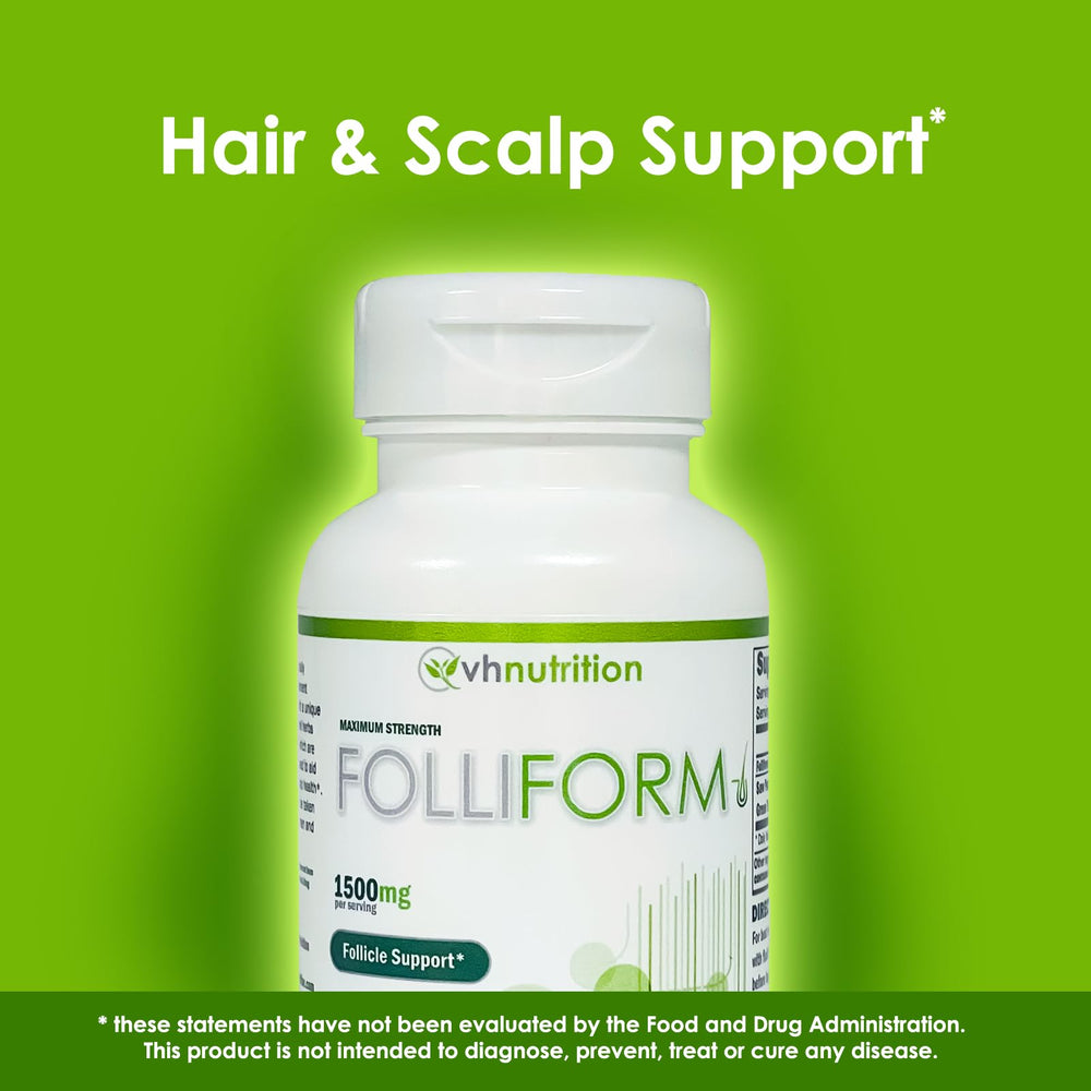 VH Nutrition Folliform bottle pour demonstrates convenient dosing for daily use.
