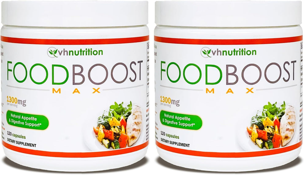 VH Nutrition FoodBoost MAX bottle-front showing appetite support in a natural weight gain blend.