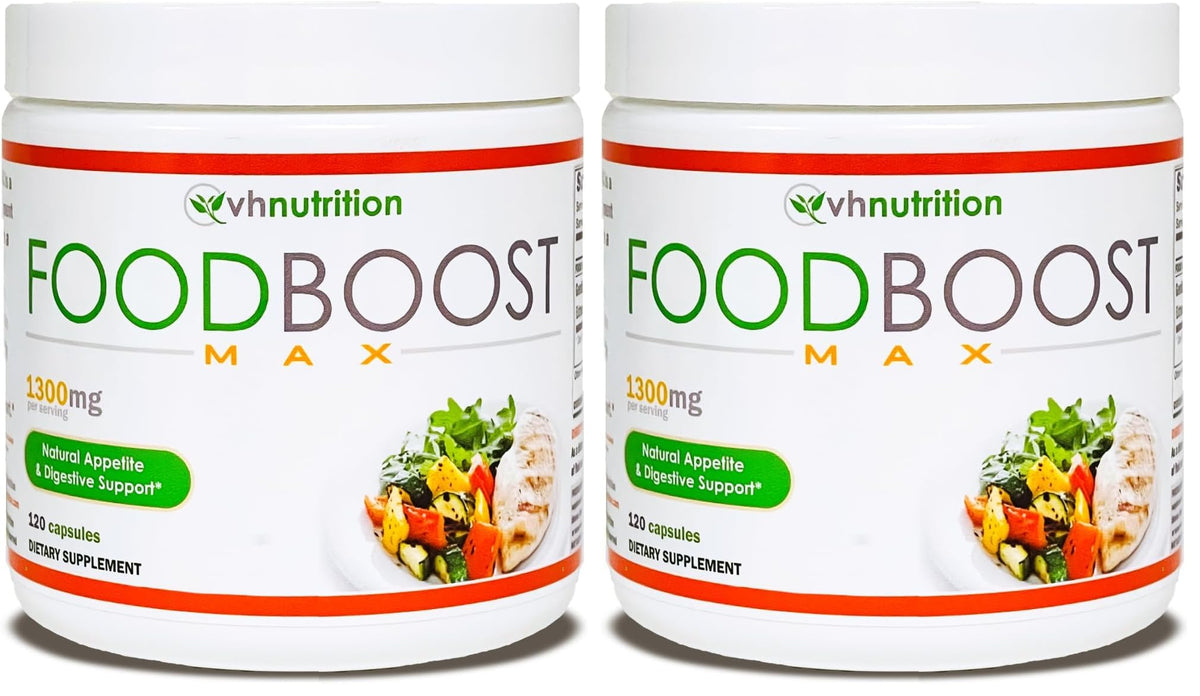 VH Nutrition FoodBoost MAX bottle-front showing appetite support in a natural weight gain blend.