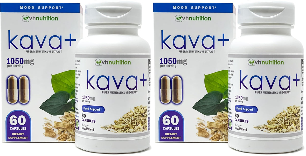 VH Nutrition KAVA+ bottle front shows mood support for busy days.