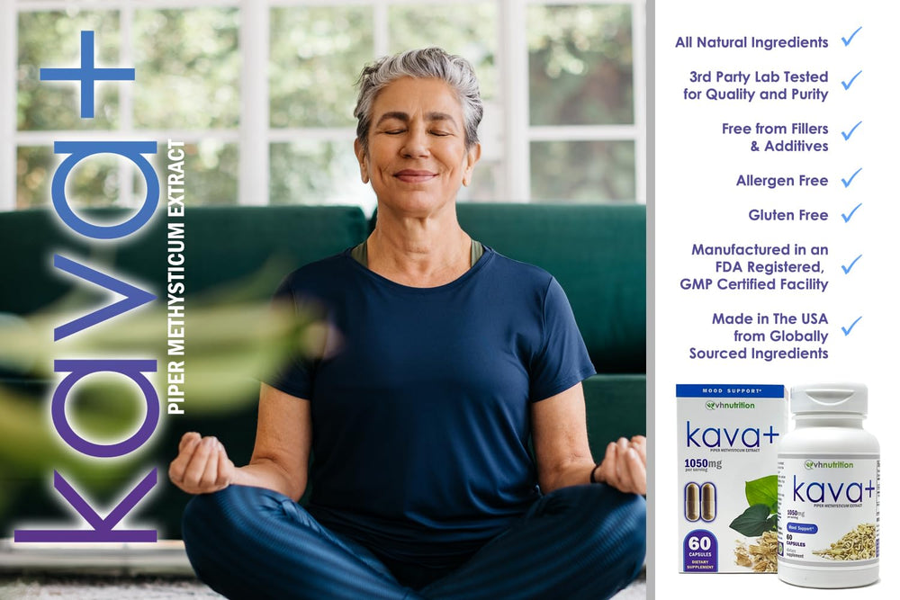 VH Nutrition KAVA+ capsules closeup highlights high-potency kava for relaxation.