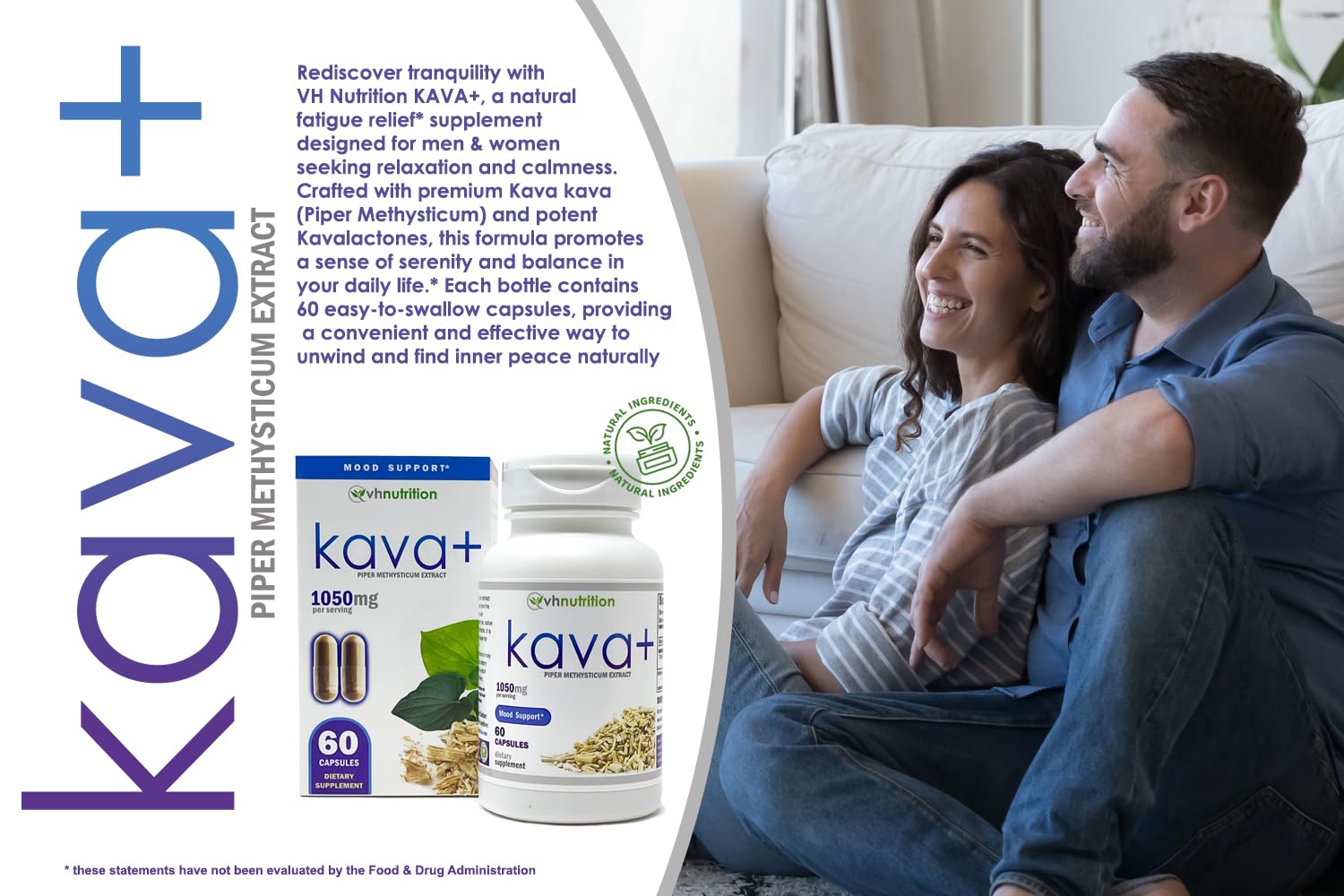 VH Nutrition KAVA+ packaging featuring two bottles for daily serenity.