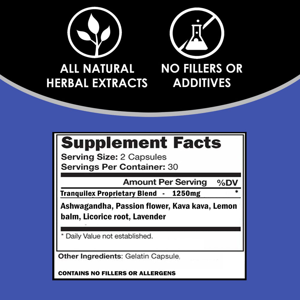 Label details showing 1250mg per serving on Tranquilex