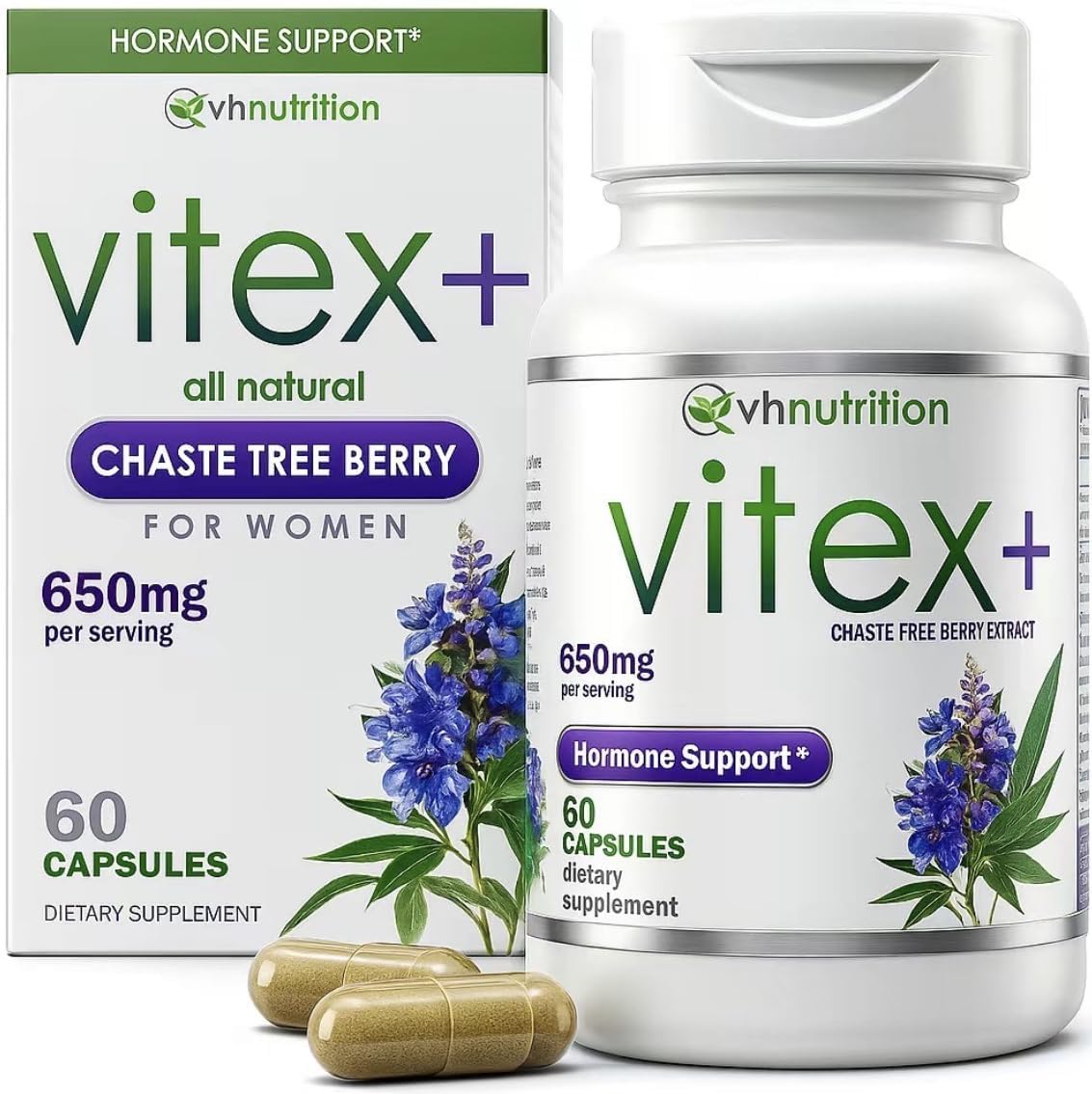 VH Nutrition VITEX+ bottle and capsules for daily hormonal balance.