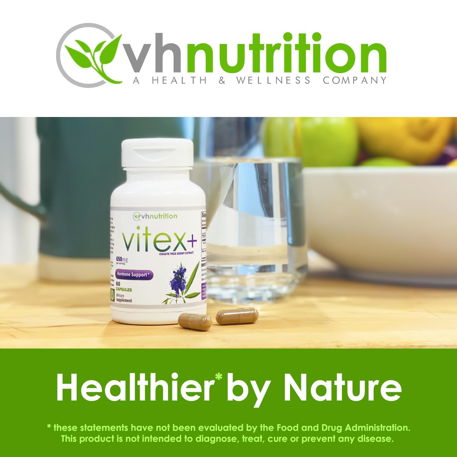 VH Nutrition VITEX+ bottle on desk signaling trusted supplement routine.