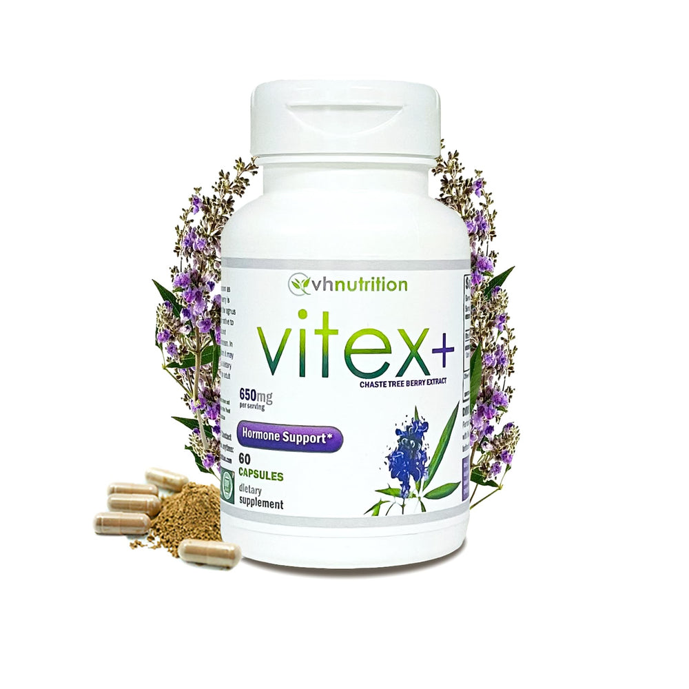 VH Nutrition VITEX+ capsules resting on glass bottle for easy daily supplementation.