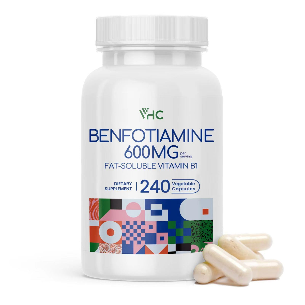 VHC Benfotiamine 600mg bottle pour for daily wellness.