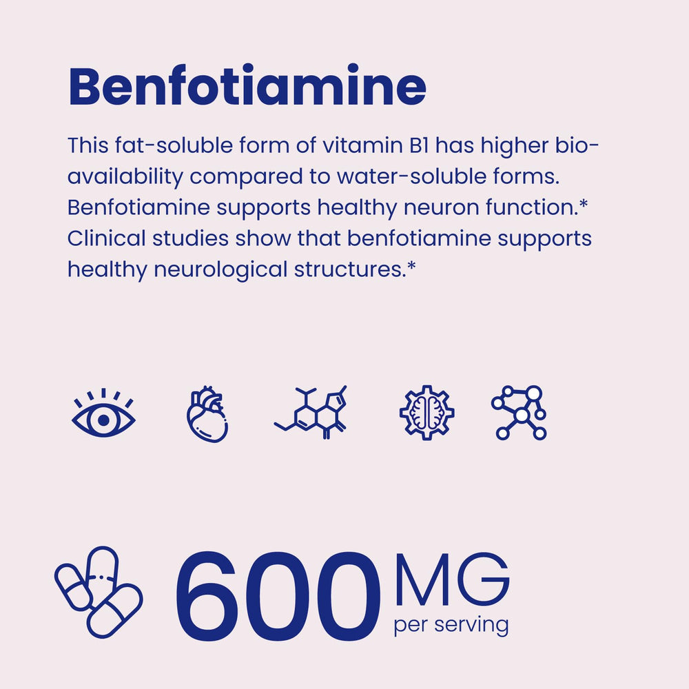 VHC Benfotiamine 600mg capsules close-up showing veggie capsules.
