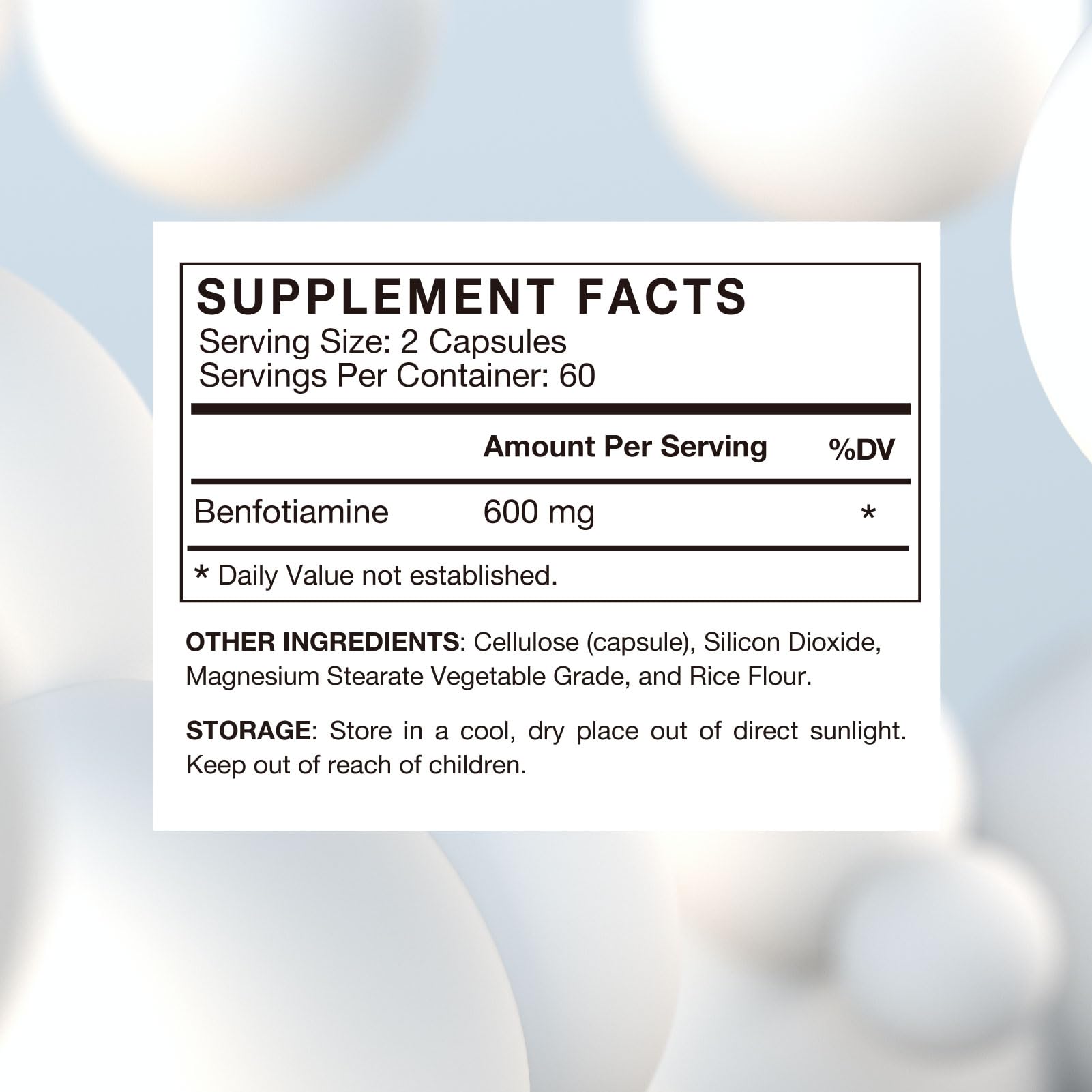 VHC Benfotiamine 600mg label detail highlighting non-GMO claim.