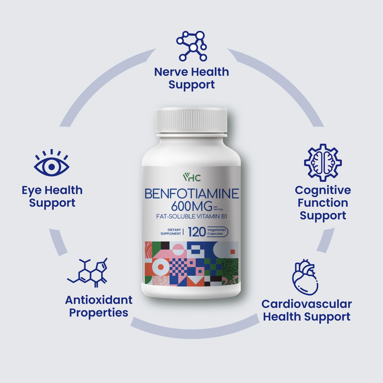VHC Benfotiamine 600mg packaging box highlights non-GMO USA-made quality.