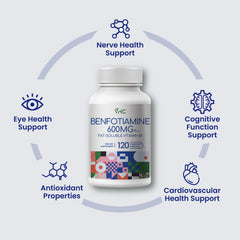 VHC Benfotiamine 600mg packaging box highlights non-GMO USA-made quality.