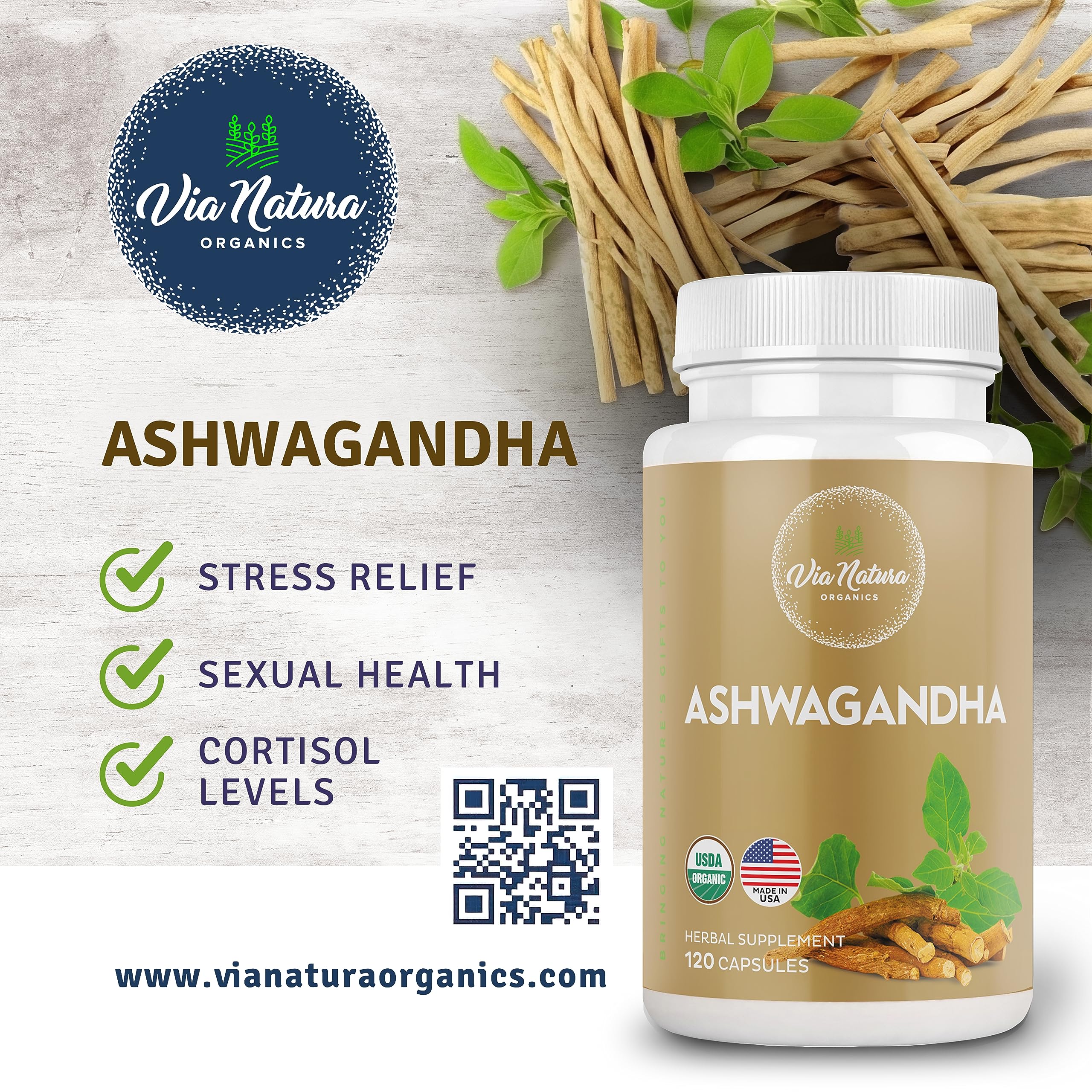 Via Natura Organics Ashwagandha 120-count bottle visible for daily routine.