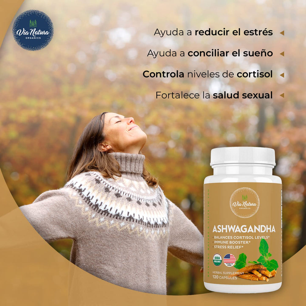 Via Natura Organics Ashwagandha bottle on kitchen counter for daily routine.