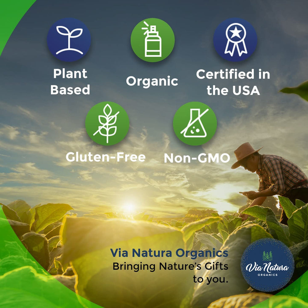 Via Natura Organics Ashwagandha capsule label notes gluten-free and non-GMO ingredients.