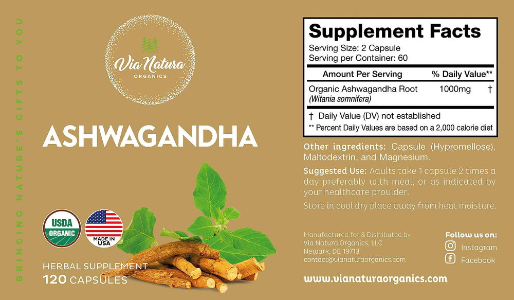 Via Natura Organics Ashwagandha capsules label close-up highlighting organic ingredients.